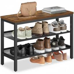 FORGEVIO 3 Tier Shoe Rack Bench, One Piece 75W cm, Vintage Brown