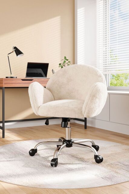 Living and Home Adjustable Height Plush Swivel Office Chair in White - image 1