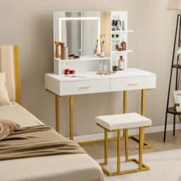 Gymax Vanity Table Set Dressing Table with Cushioned Stool 3-Color LED Mirror in White - thumbnail 3