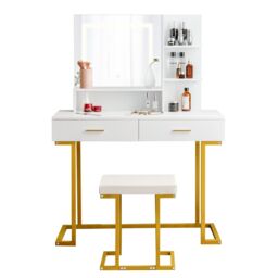 Gymax Vanity Table Set Dressing Table with Cushioned Stool 3-Color LED Mirror in White - thumbnail 6