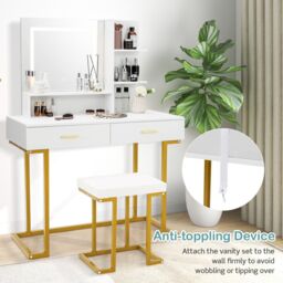 Gymax Vanity Table Set Dressing Table with Cushioned Stool 3-Color LED Mirror in White - thumbnail 5