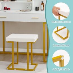 Gymax Vanity Table Set Dressing Table with Cushioned Stool 3-Color LED Mirror in White - thumbnail 4