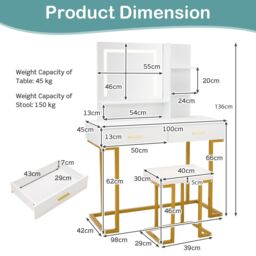 Gymax Vanity Table Set Dressing Table with Cushioned Stool 3-Color LED Mirror in White - thumbnail 2
