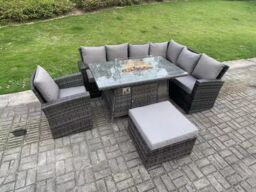 Fimous 8 Seater Outdoor Rattan Gas Fire Pit Sofa Dining Set Garden Furniture Heater Dining Table Chair Right Side in Dark Grey - thumbnail 1
