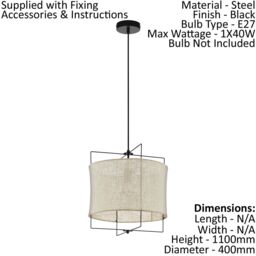 Loops Hanging Ceiling Pendant Light Black & Linen Shade 1x 40W E27 Feature Lamp - thumbnail 2