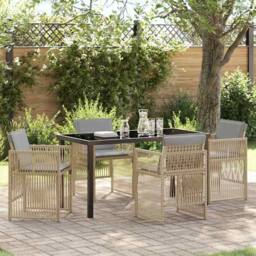 Berkfield Home Stunning 5 Piece Garden Dining Set with Cushions in Beige Poly Rattan - thumbnail 2