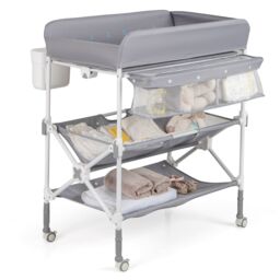 Costway Portable Baby Changing Table Height Adjustable w/ Wheels-Grey in Grey - thumbnail 1