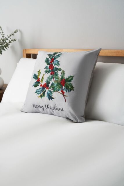 BHS Christmas Holly Print Cushion in Green - Size: 45 cm x 45 cm - image 1