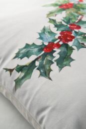 BHS Christmas Holly Print Cushion in Green - Size: 45 cm x 45 cm - thumbnail 3