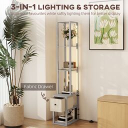 HOMCOM Floor Lamp with Shelves, LED Standing Lamp with Fabric Drawer in Grey - thumbnail 4