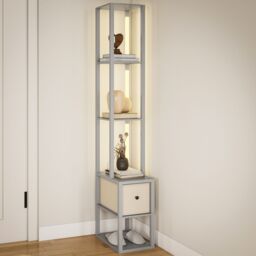 HOMCOM Floor Lamp with Shelves, LED Standing Lamp with Fabric Drawer in Grey - thumbnail 2