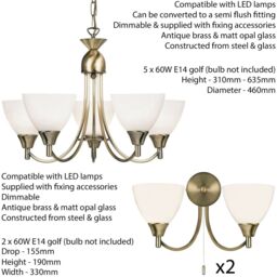 Loops 5 Lamp Ceiling & 2x Twin Wall Light Pack Antique Brass Glass Matching Fittings in Clear - thumbnail 2