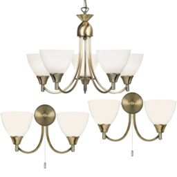 Loops 5 Lamp Ceiling & 2x Twin Wall Light Pack Antique Brass Glass Matching Fittings in Clear