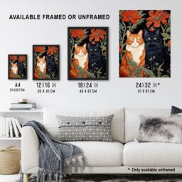 Artery8 Fluffy Ginger & Black Flower Cats Amongst The Red Floral Blooms Modern Artwork Large Wall Unframed Art Poster Print Thick Paper 18X24 Inch - thumbnail 3