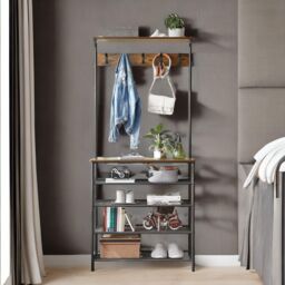 Rafaelo Mobilia Industrial Rustic Hallway Tree Coat Stand With 5 Tier Shoe Rack in Dark Brown - thumbnail 4