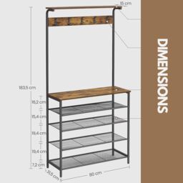 Rafaelo Mobilia Industrial Rustic Hallway Tree Coat Stand With 5 Tier Shoe Rack in Dark Brown - thumbnail 5