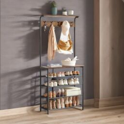 Rafaelo Mobilia Industrial Rustic Hallway Tree Coat Stand With 5 Tier Shoe Rack in Dark Brown - thumbnail 1