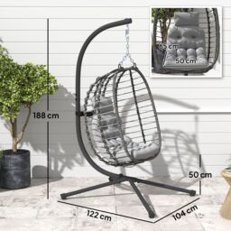 OUTSUNNY Rattan Hanging Egg Chair w/ Stand, Cushion, Headrest in Light Grey - thumbnail 3
