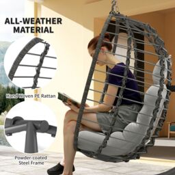 OUTSUNNY Rattan Hanging Egg Chair w/ Stand, Cushion, Headrest in Light Grey - thumbnail 4