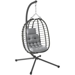 OUTSUNNY Rattan Hanging Egg Chair w/ Stand, Cushion, Headrest in Light Grey - thumbnail 2