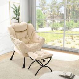 VOGREX Modern Lazy Lounge Armchair With Footstool New in Off-White - thumbnail 3