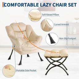 VOGREX Modern Lazy Lounge Armchair With Footstool New in Off-White - thumbnail 4