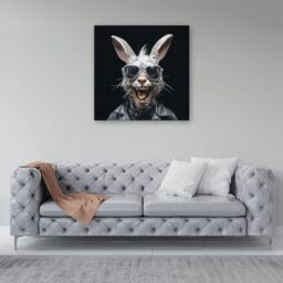 "Warren Reed - Designer Funky Rabbit Face With Glasses Canvas in Grey - Size: W30"" x H30""" - thumbnail 4