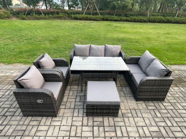 Fimous Dark Grey PE Wicker Rattan Garden Furniture Set Reclining Chair Love Sofa 2 Seater Sofa Set Outdoor Rectangular Dining Table Big Stools - image 1
