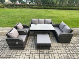 Fimous Dark Grey PE Wicker Rattan Garden Furniture Set Reclining Chair Love Sofa 2 Seater Sofa Set Outdoor Rectangular Dining Table Big Stools - thumbnail 1