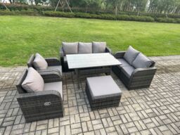 Fimous Dark Grey PE Wicker Rattan Garden Furniture Set Reclining Chair Love Sofa 2 Seater Sofa Set Outdoor Rectangular Dining Table Big Stools - thumbnail 2