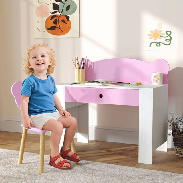AIYAPLAY Kids Desk & Chair Set, Children Writing Table with Drawer, Pink - image 1