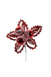KDMD Red & White Bauble Pick with Leaves 12cm 6 Pack - thumbnail 1