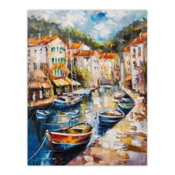 "Artery8 French Fishing Town Canal Boats Townscape Wall Art Print - Size: W24"" x H32""" - thumbnail 1
