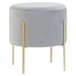 Orsina Round Grey Velvet Stool, Round Pouffe With Gold Frame For Bedroom, Modern Accent Stool For Dressing Area in Silver