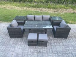 Fimous Garden Furniture Set Patio Rattan Rectangular Dining Table Lounge Sofa Chair 2 Table 2 Stools in Dark Grey - thumbnail 1