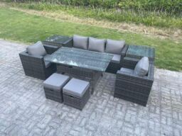 Fimous Garden Furniture Set Patio Rattan Rectangular Dining Table Lounge Sofa Chair 2 Table 2 Stools in Dark Grey - thumbnail 2