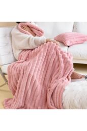 Living and Home Reversible Fluffy Striped Throw Blanket in Pink - Size: Large - thumbnail 3