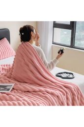 Living and Home Reversible Fluffy Striped Throw Blanket in Pink - Size: Large - thumbnail 2