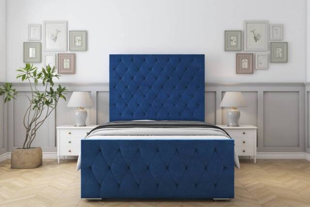 "Sloomy Watson Plush Frame-Mattress - 50"" Upholstered Headboard in Navy - Size: Super King" - image 1