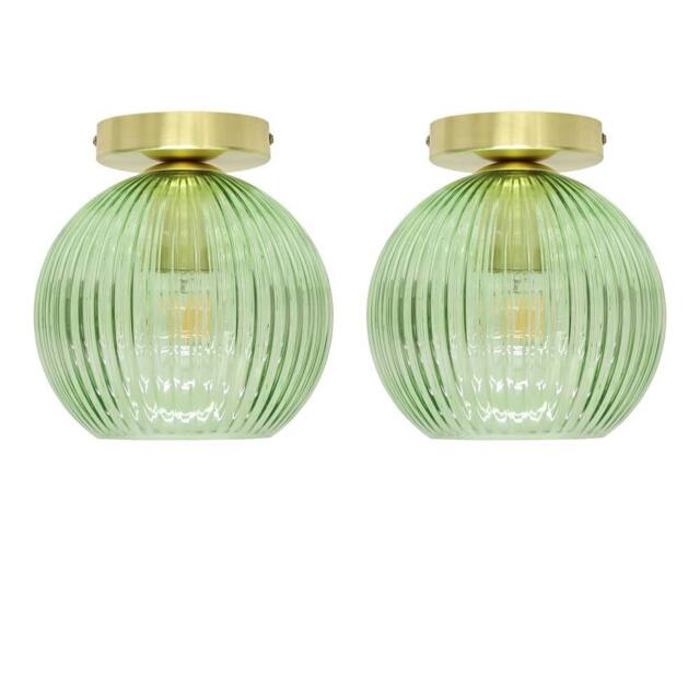 First Choice Lighting Set of 2 Betchley - Green Ribbed Glass Satin Brass Ceiling Lights - image 1