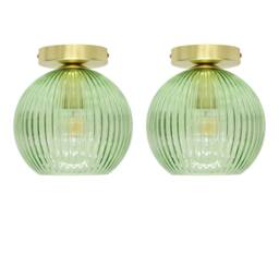 First Choice Lighting Set of 2 Betchley - Green Ribbed Glass Satin Brass Ceiling Lights