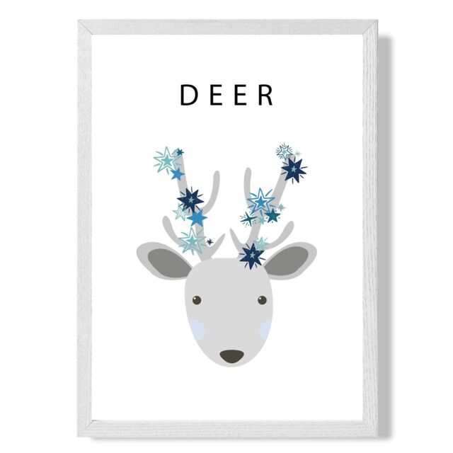 ARTZE Cute Deer with Blue Stars Framed Print SIZE: A4 with White Frame in Pale Blue - image 1