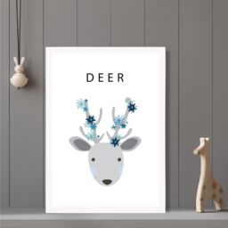 ARTZE Cute Deer with Blue Stars Framed Print SIZE: A4 with White Frame in Pale Blue - thumbnail 2