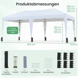 Costway 590x300 CM Pop up Canopy Tent Foldable Patio Shelter w/ Wheeled Bag in White - thumbnail 4