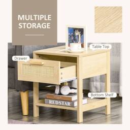 HOMCOM Bedside Table Set of 2 with Rattan Drawer & Storage Shelf, Natural - Size: 2 Pack - thumbnail 6