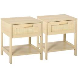 HOMCOM Bedside Table Set of 2 with Rattan Drawer & Storage Shelf, Natural - Size: 2 Pack - thumbnail 2