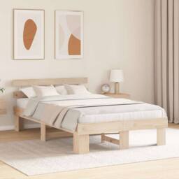 Berkfield Home Modern Bed Frame with Headboard 135x190 cm Solid Wood Pine in Beige - thumbnail 4