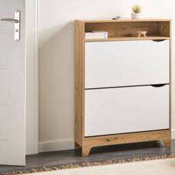 Wyld and Coco White MDF Shoe Cabinet 2 Tilt-Out Compartments W80 x D24 x H111cm in Brown