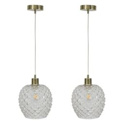 First Choice Lighting Set of 2 Baine - Clear Textured Glass with Satin Brass Pendant Fitting - thumbnail 1