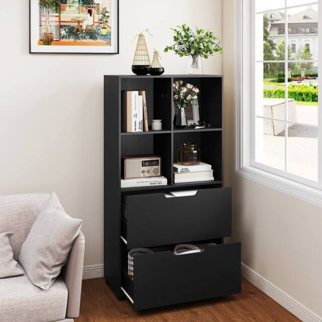 Costway 5-Tier Bookcase w/2 Drawers & 4-Cubes Tall Bookshelf Display Rack in Black - image 1